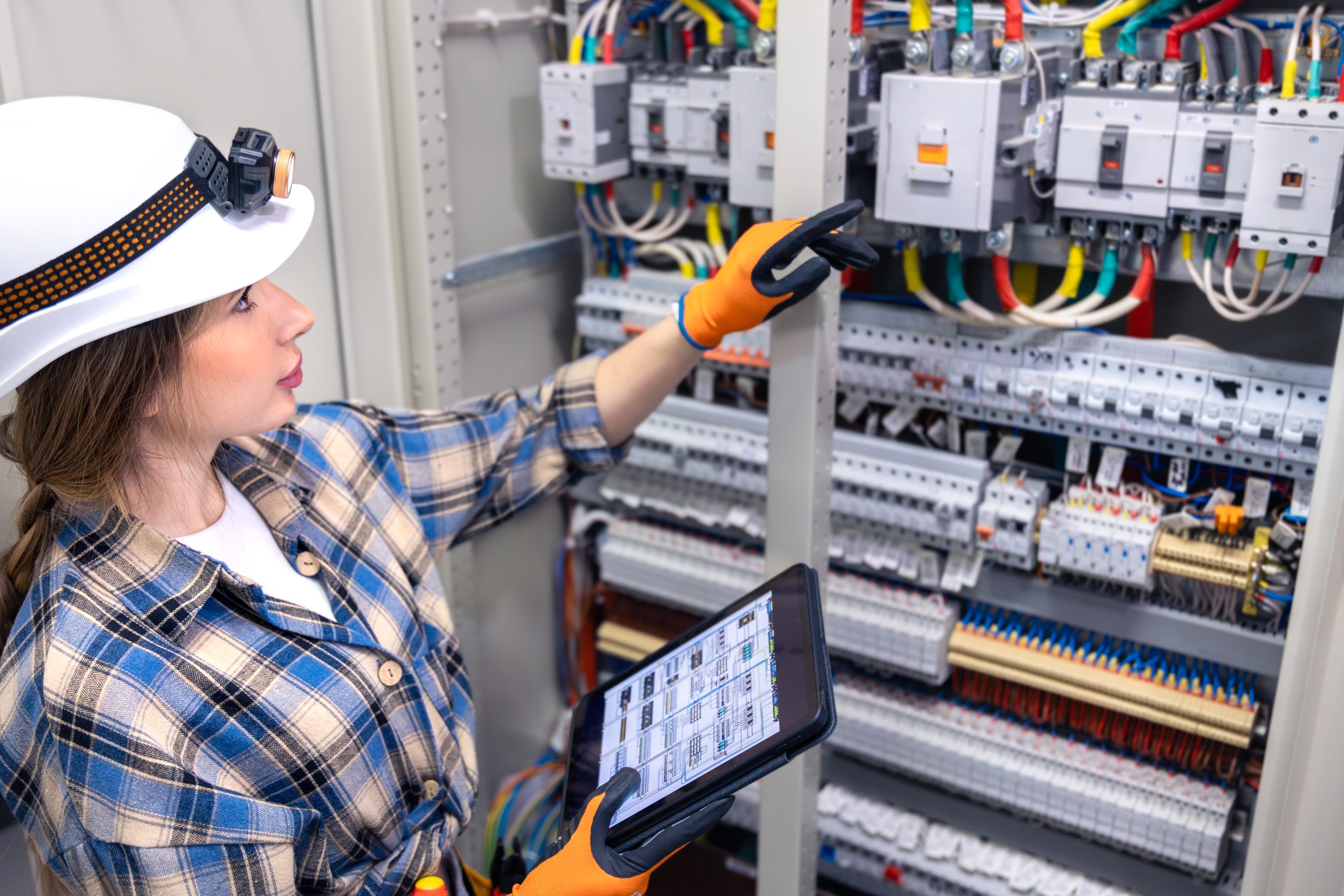 A woman electrician in a hardhat points to the panel while crosschecking a tablet schematic. The scene signals smart factory discipline, cybersecurity caution, and precise control in industry 4.0 maintenance.